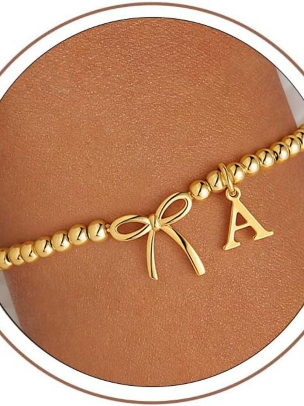14K Gold Plated Initial Bow Bracelet - Personalized A-Z Beaded Jewelry Gift
